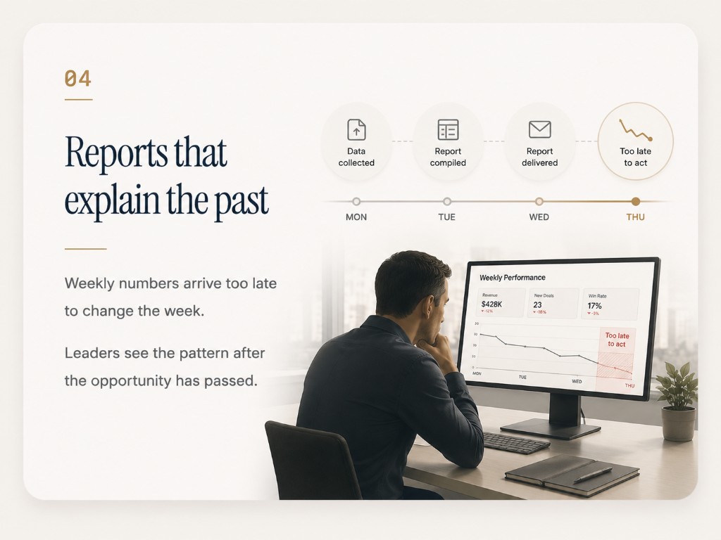 Reports that explain the past. Weekly numbers arrive too late to change the week, and leaders see the pattern after the opportunity has passed.