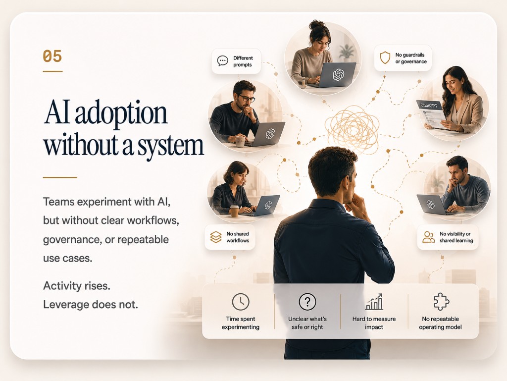 AI adoption without a system. Teams experiment with AI, but without clear workflows, governance, or repeatable use cases.