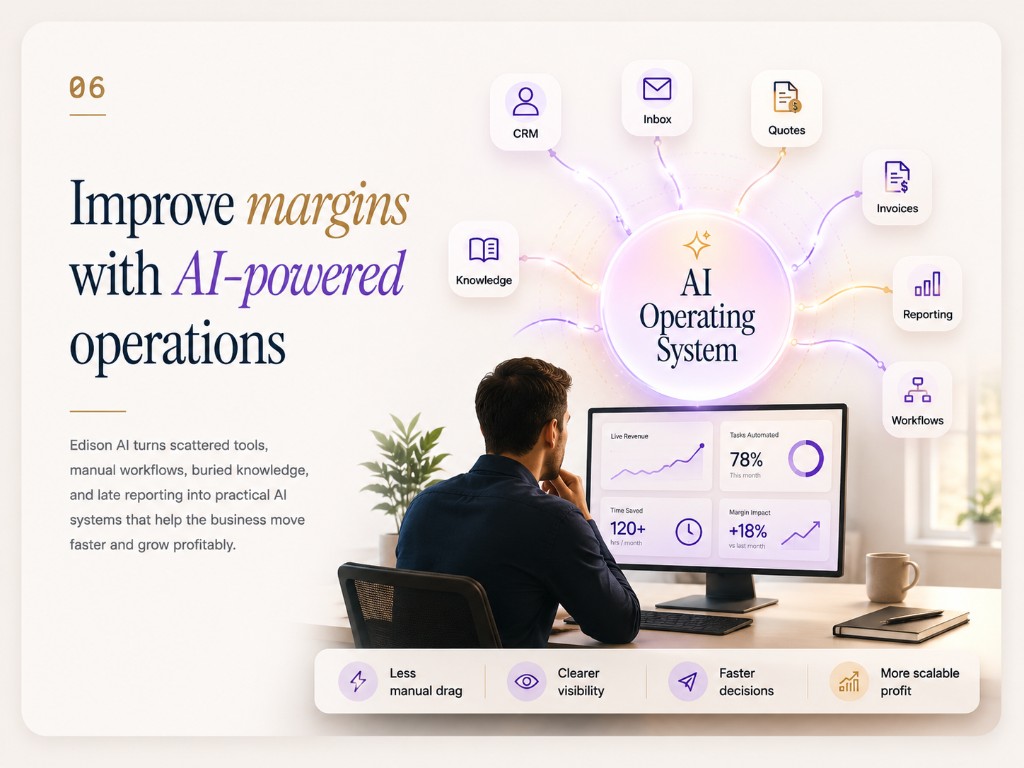 Towards AI systems that scale operations. Edison AI connects scattered tools, workflows, knowledge, and reporting into practical AI systems that reduce manual drag and grow profit.
